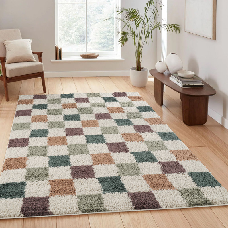 Chester Living Room Shaggy Area Rug Modern - Contemporary Checkered Design 30Mm Plush Pile Jute Backing Soft Woven Carpet -Hallway Indoor Rug, Multi