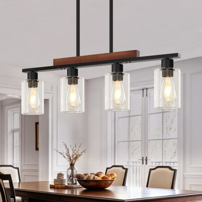5-Light Wood & Black Metal Farmhouse Linear Pendant Light with White Frosted Glass Shades for Kitchen Island
