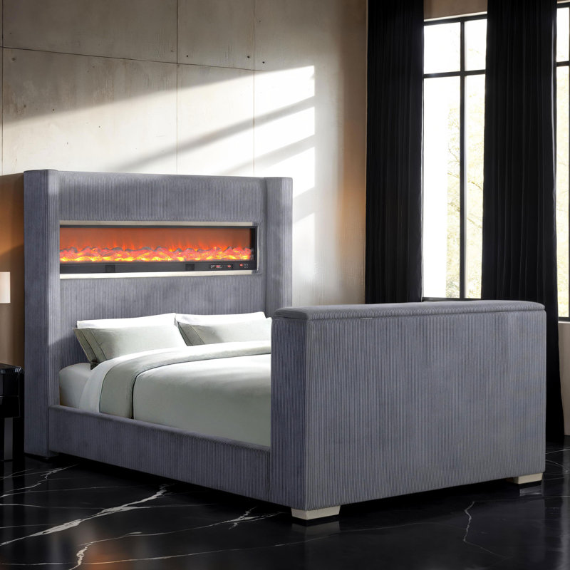 Lit standard Harper avec tête de lit effet de flamme 3D, Très grand, Gris