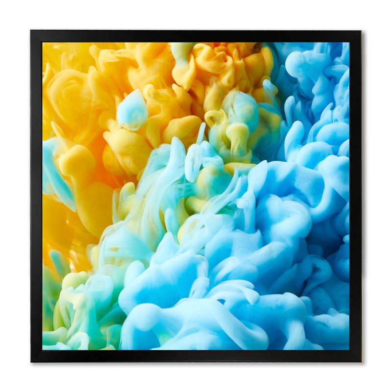 Encre orange et bleue liquide, art mural moderne et contemporain, H 16 po x l 16 po x P 1 po, Cadre photo noir