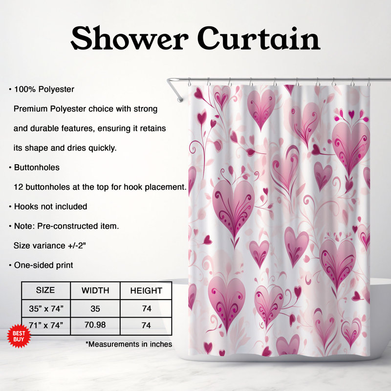 Heart Swirl - Rideau de douche standard 1 pièce, H 74 po x l 71 po