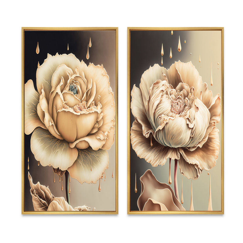 «Beige Blooming Rose», 2 pièces sur toile, Encadrement doré, H 40 po x l 40 po