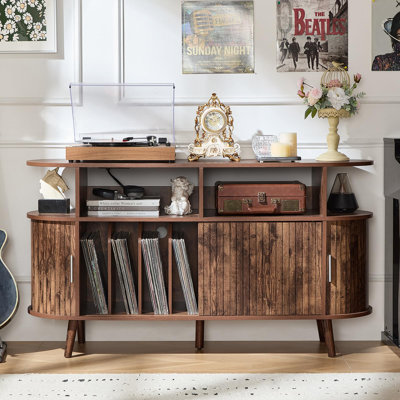 Extra Large Round Record Player Stand with Charging Station & Fluted Panel, Mid Century Modern Turntable Cabinet with Vinyl Storage, Arched Wood Record Player Table for Living Room