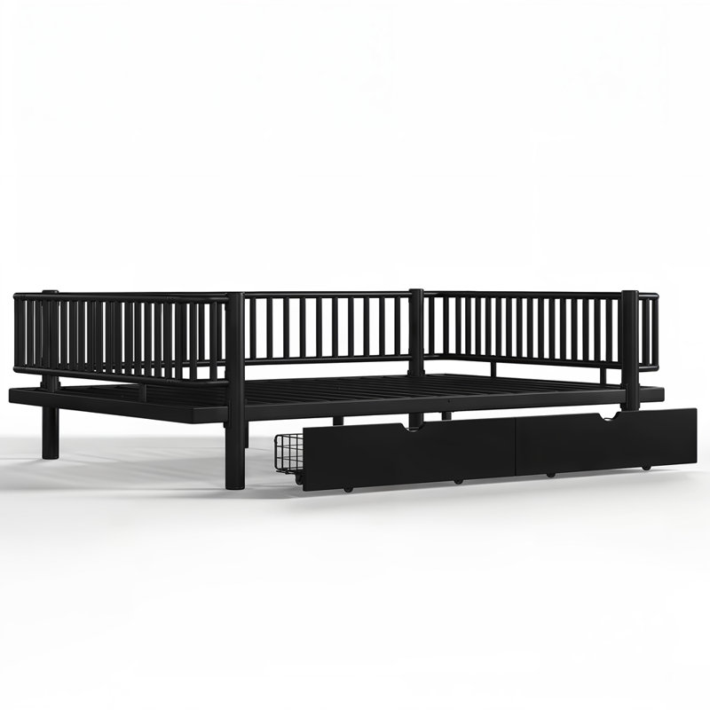 Grand lit plateforme avec tiroirs de rangement, Noir, Grand lit
