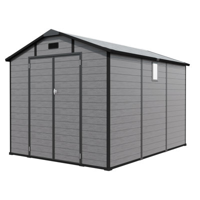 Dark Gray 8X10 Ft Plastic Storage Shed With Window, Floor, And Lockable Doors, Ideal For Storing Patio Furniture, Lawn Mowers, Bikes, Well - Ventilated Air Vents, Ample Space Garden Tools,
