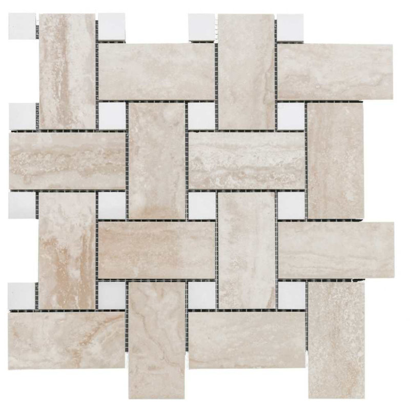 Stately Basketweave 13" x 13" Porcelain Brick Joint Wall & Floor Tile, Travertine Beige