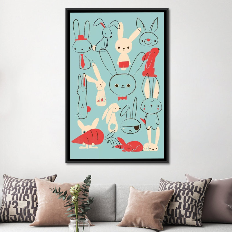 « bunnies blue », impression sur toile tendue, H 26 po x l 18 po x P 1,5 po, Toile encadrée noire