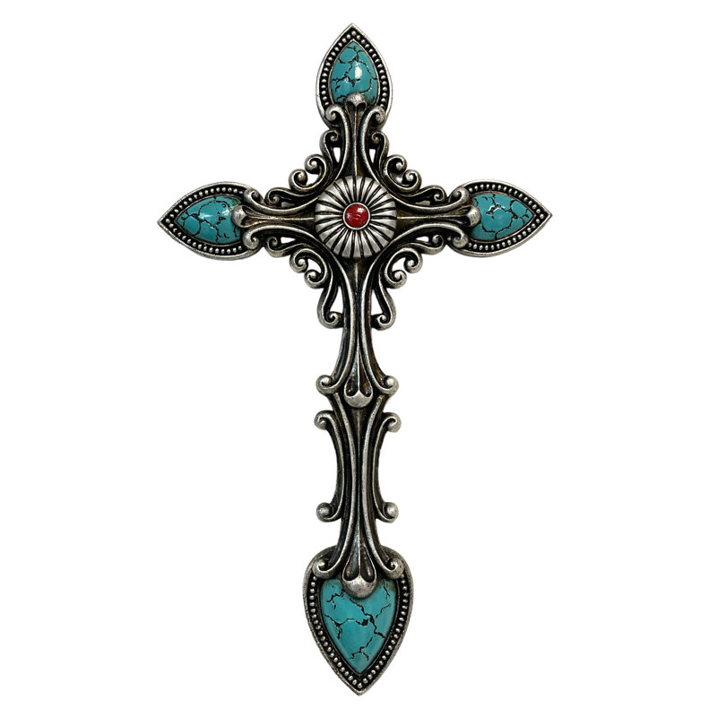 Polyresin Ornate Vintage Scrollwork Turquoise Pendant Religious Hanging Wall Cross Décor