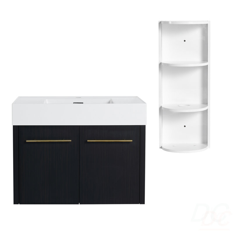 Meuble-lavabo mural de 30 po avec lavabo et support de rangement, lavabo en résine à rebords épais, ensemble KD, 30"