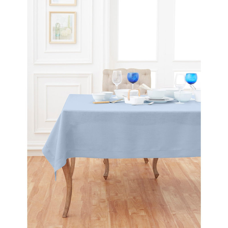 100% Pure Linen Hemstitch Table Cloth - Classic Hemstitch, Sky Blue, 156" x 60"