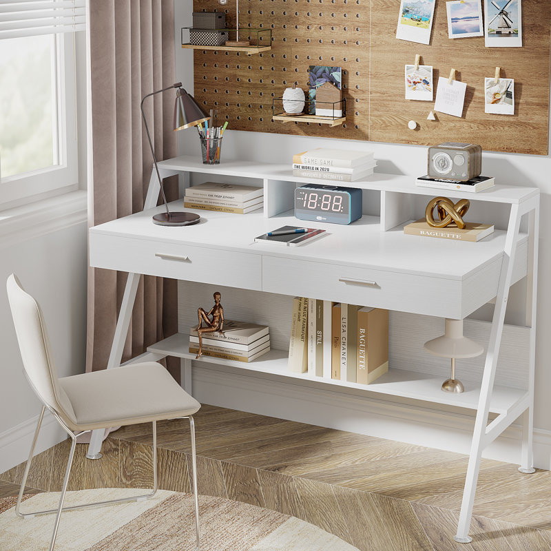 Kravitz Writing Desk with Drawers, Computer Desk with Metal Base, White Desk, White