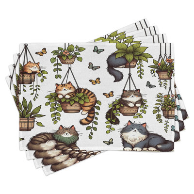 Ambesonne Cat Place Mats Set of 4 Happy Smiling Kitties Botanical Standard Blue Grey Green and Taupe -  ser_sd1719