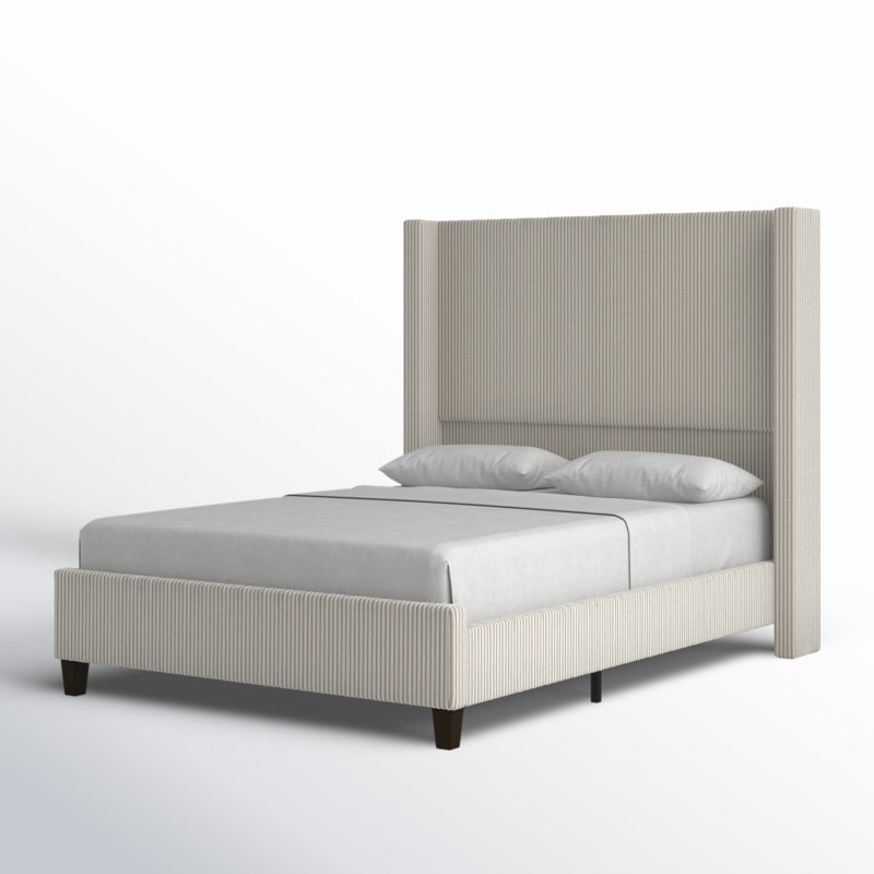 Cream Queen Corduroy Upholstered Bed with Wingback Headboard
