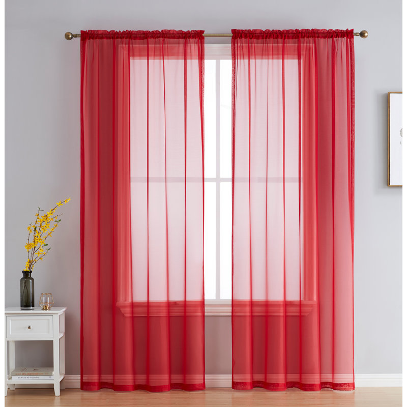 Daxin Sheer Voile Rod Pocket Curtain Panels, Red, 54" W x 72" L