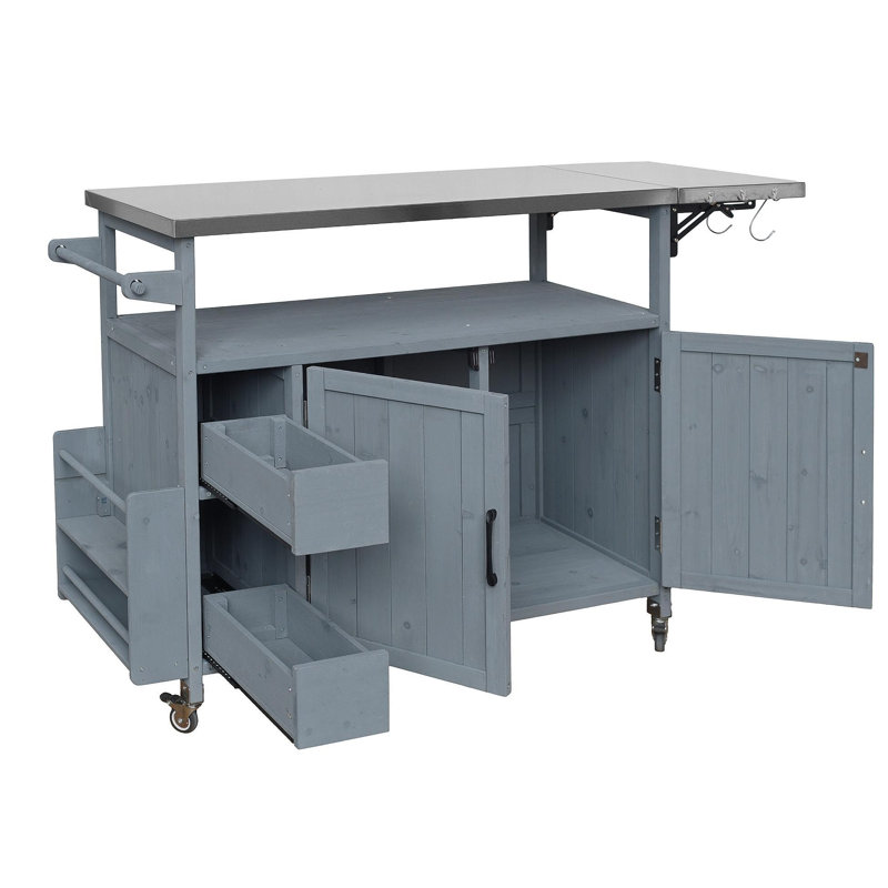 54.33" Farmhouse Rolling Outdoor Kitchen Cart, Solid Wood Frame with Stainless Steel Top, Spice Rack, Towel Rack, Lockable Wheels & Multi-Functional Storage for Patio, Backyard BBQ & Kitchen