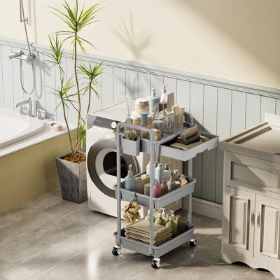 Rolling Cart with Drawer & Lockable Wheels, Plastic Shelf Storage Organizer Cart