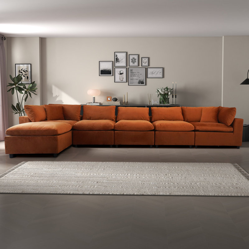 Hayward Burnt Orange Velvet Modular Sectional Sofa, Orange Velvet