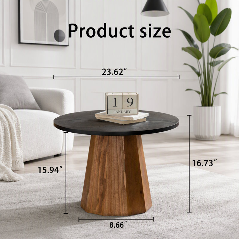 Table basse ronde robuste en bois avec pied central et motif d'arbre
