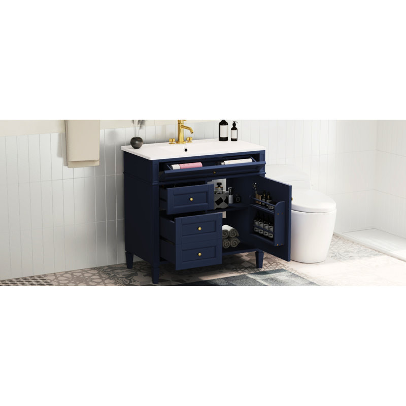 Armoire de salle de bain bleue avec lavabo en céramique, meuble-lavabo 2 tiroirs 36 po et grande capacité de rangement, meuble-lavabo d'apparence moderne, options polyvalentes, look