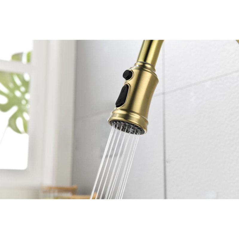 Robinet de cuisine escamotable en or brossé - Acier inoxydable avec 3 variations de débit d'eau, Or brossé