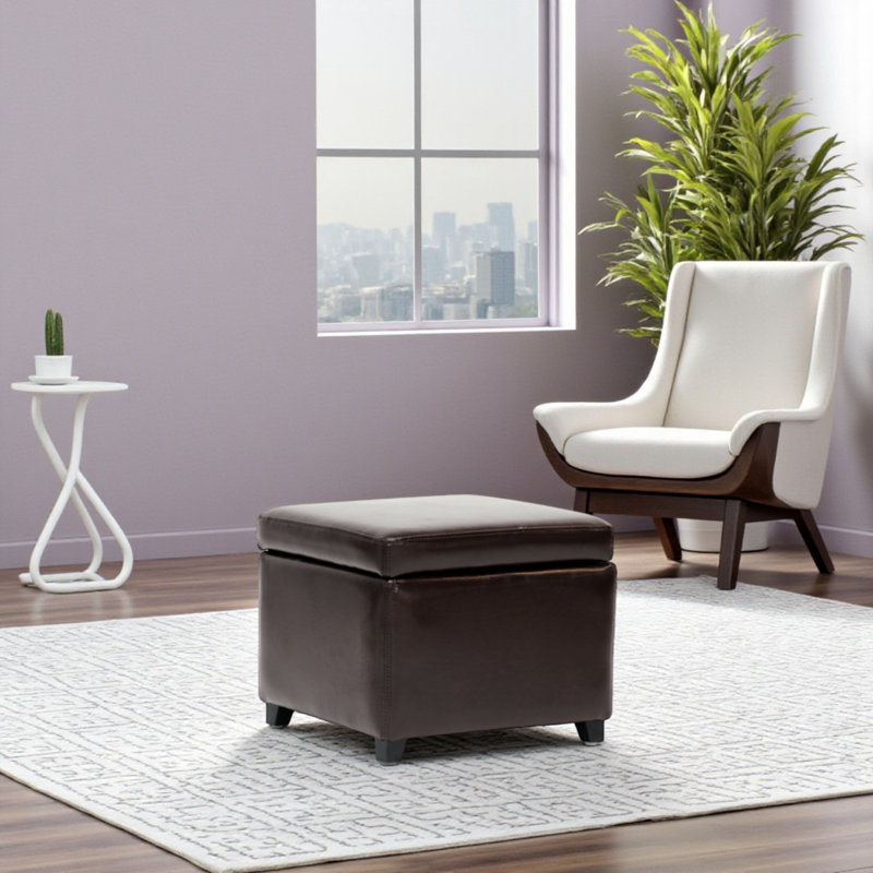 Calysta Dark Brown Square Faux Leather Ottoman with Black Legs  15.25'' H X 17.5'' W X 17.5'' D, Dark Brown
