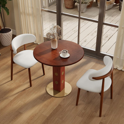 Table de salle à manger ronde de 80 cm en noyer rétro avec base en laiton et table en bois massif. Table avec pieds en bois et base dorée, table pour 2 personnes pour les petits espaces (seulement la table de Négociation)