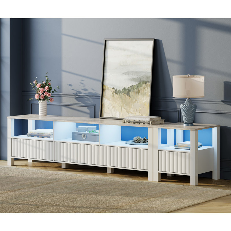 Carnetta Unfinished TV Stand for TVs up to 85" with Fireplace Included, White with Blue LED