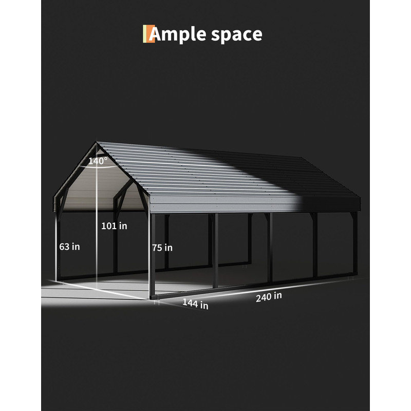 12x20 FT Heavy Duty Metal Carport – All-Weather Steel Roof Canopy for Pickups, Boats, Cars & Tractors
