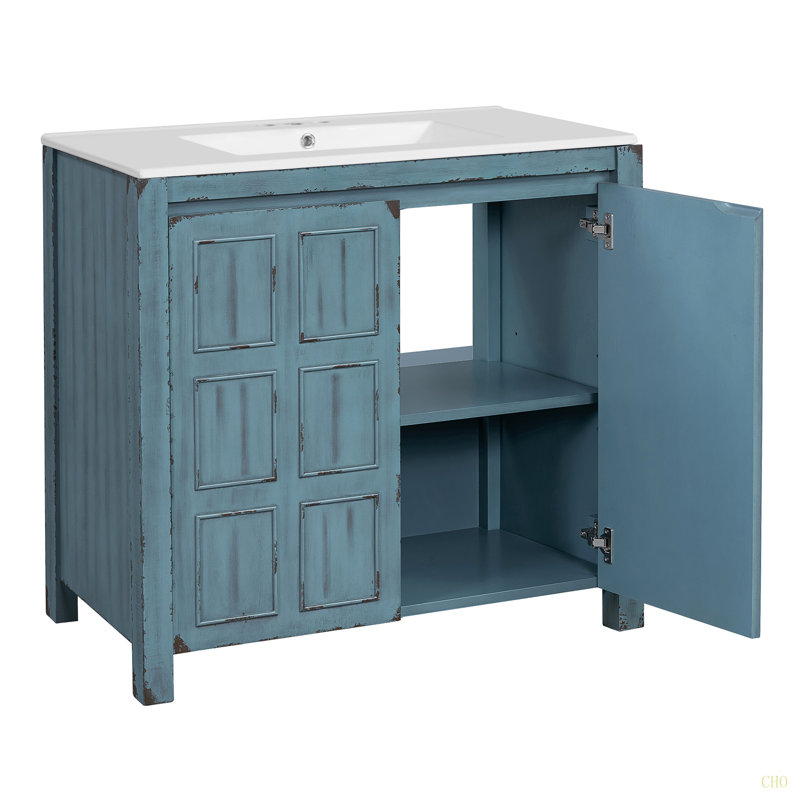 Organisateur de meuble-lavabo 36 po avec lavabo en céramique, ensemble de rangement pour salle de bain, rétro, Bleu rétro