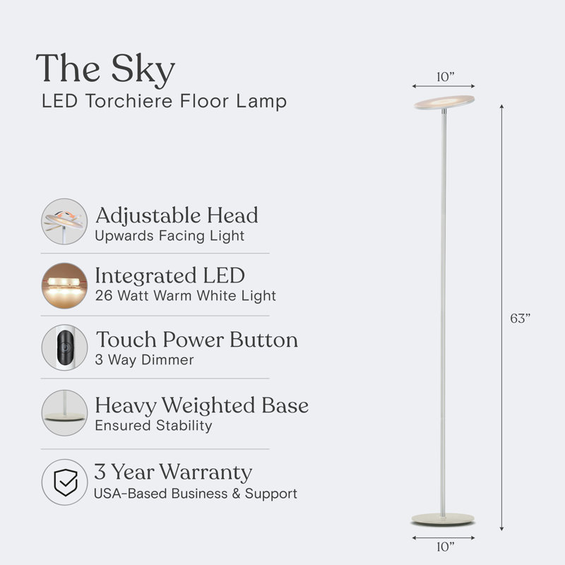 Sky 63" White Dimmable LED Floor Lamp with Adjustable Head, White, 26 W