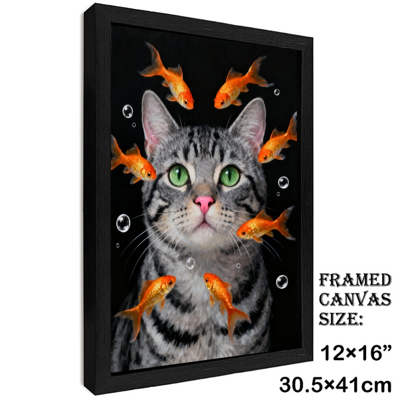 Art mural encadré noir avec chats rétro et poissons rouges, H 17 po x l 13 po