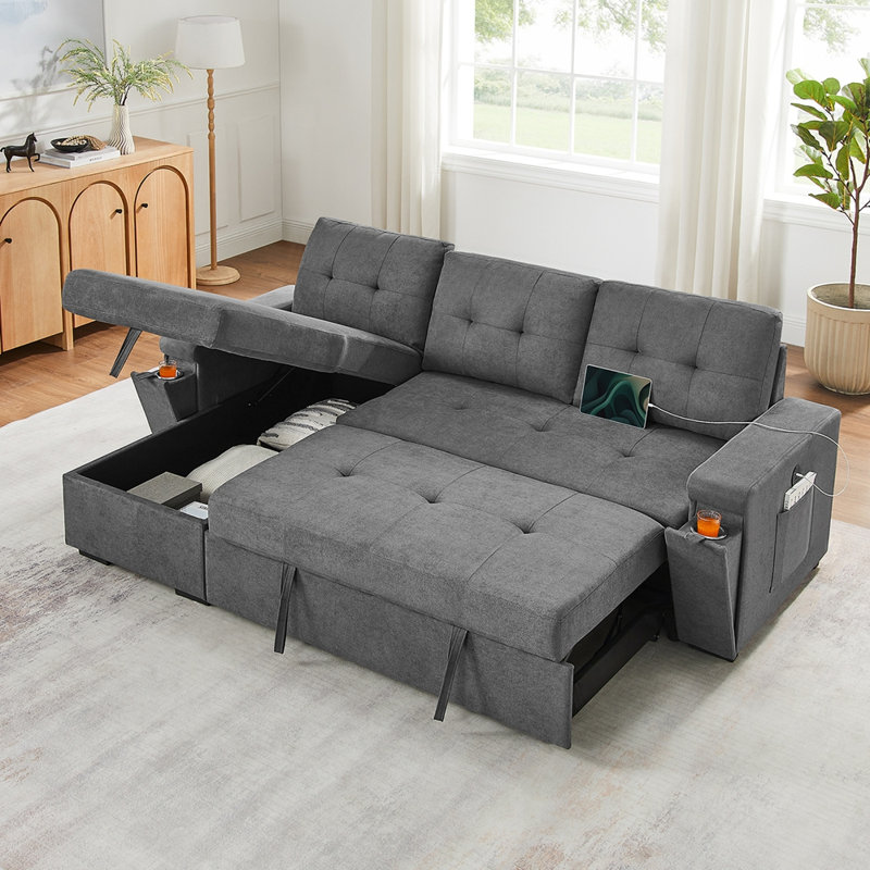 Ollie 95"W Black Woven Fabric Reversible Sleeper Sectional Sofa with Storage Chaise, Pocket Coil Seating, Hidden Cup Holders, USB/USB-C Ports & Side Pockets