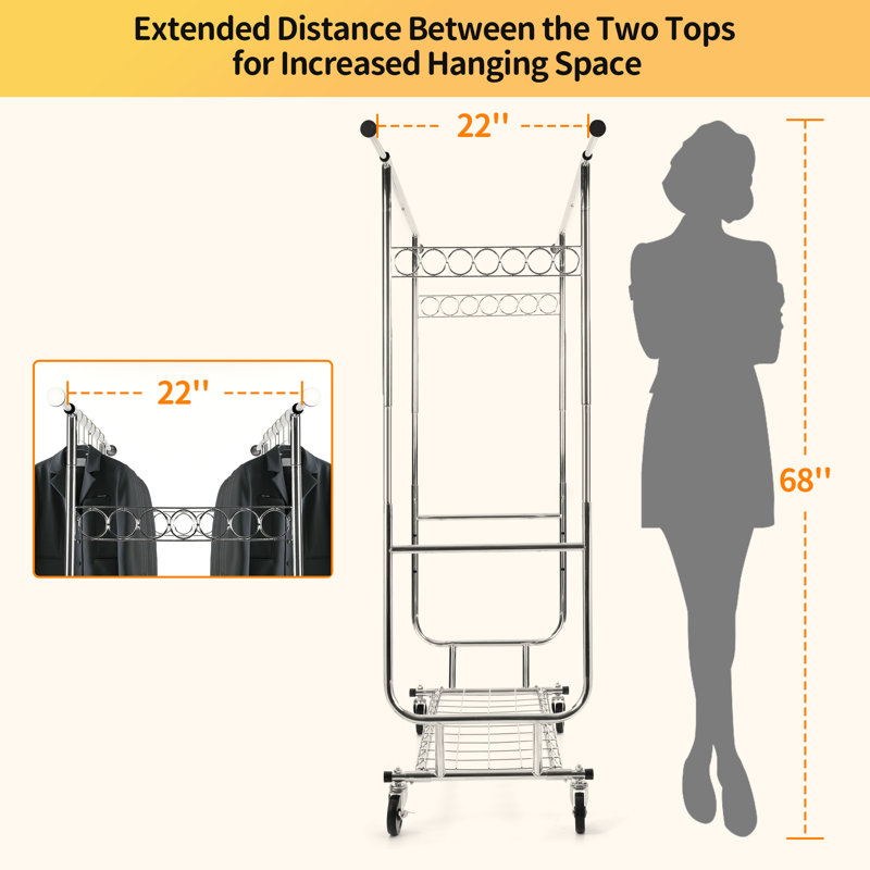 Heavy Duty Silver Metal Rolling Clothes Rack with Shelves