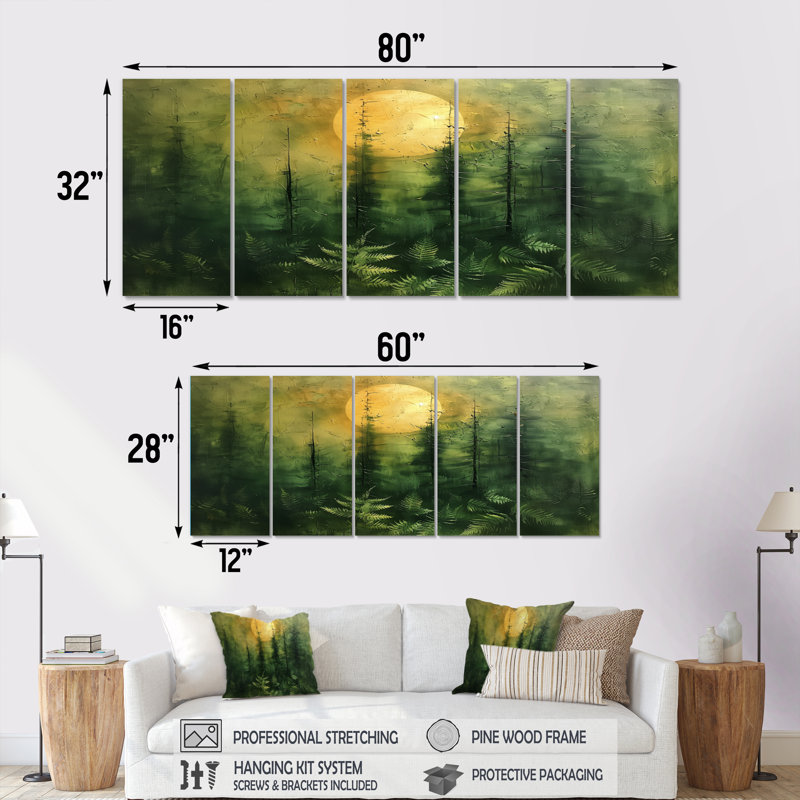 Ensemble de salon art mural vert forêt et pleine lune Fusion I, H 28 po x l 60 po