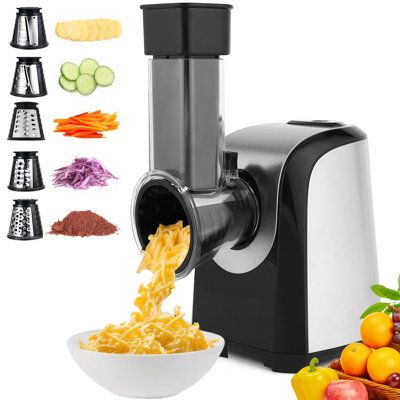 Râpe à fromage électrique 5-en-1, machine à salade et trancheuse à trancher, machine à salade à commande unique avec 5 cônes en acier inoxydable (argent)