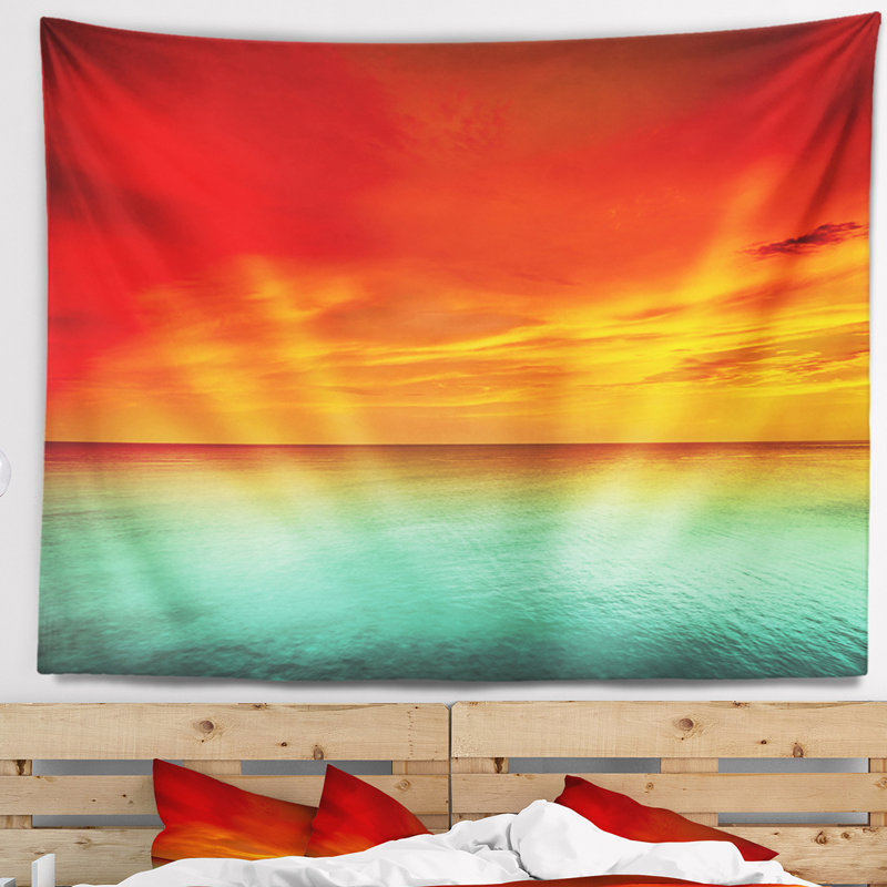 Artiste blue red sunset tapisserie Seashore, H 50 po x l 60 po