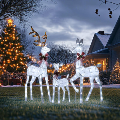 Ensemble de 3 grandes familles de cerfs de Noël illuminés avec des arcs, 210 décorations de jardin extérieur de renne blanc chaud