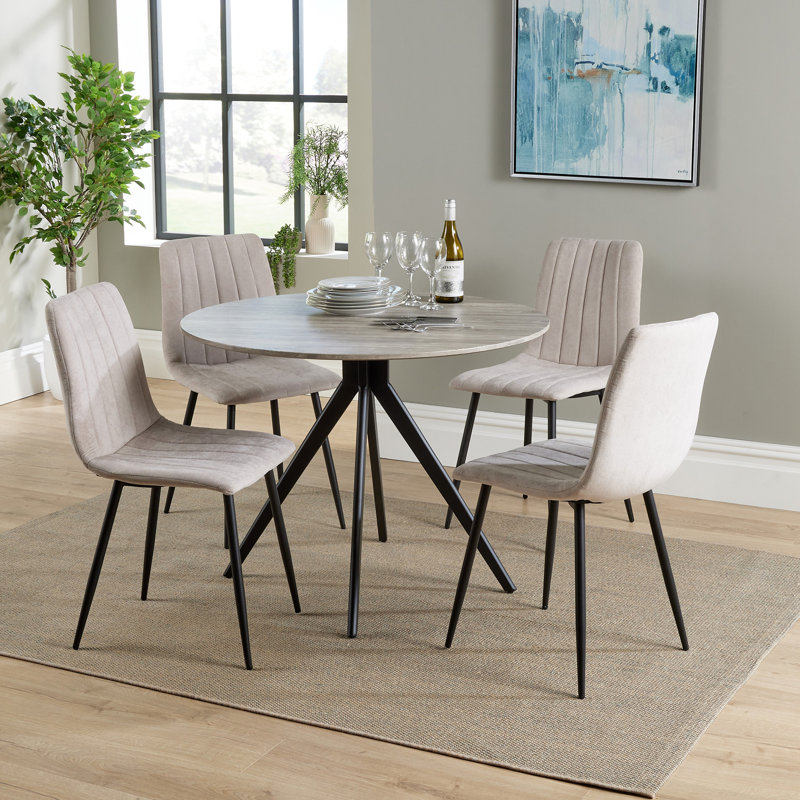 Huetter aspen 1000mm oak foiled round table & 4 fabric chair Set, Platinum, Grey Oak