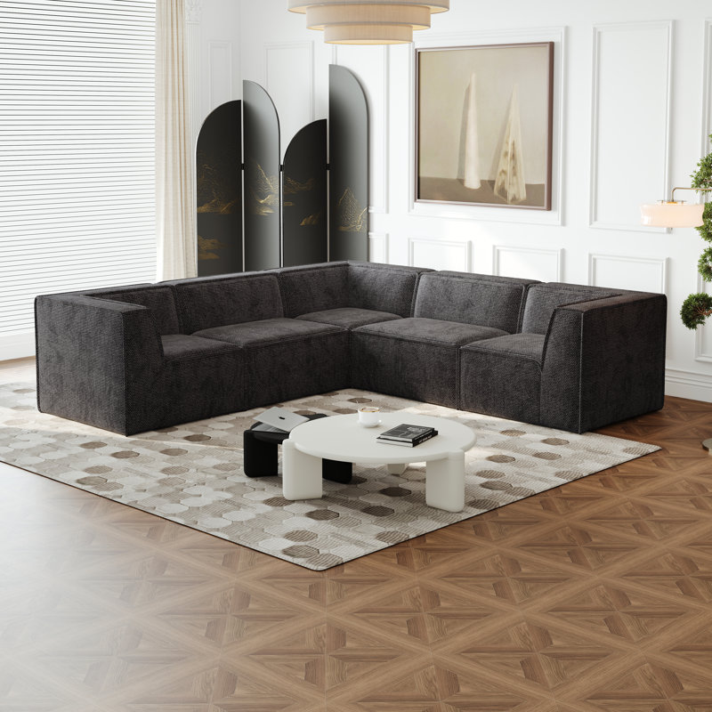 Canapé modulaire à compression en forme de L 5 places Karr, Chenille noir