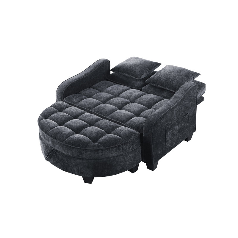 Canapé à deux places, canapé-lit double, avec accoudoirs et dossiers irréguliers, repose-pieds avec espace de rangement, deux petits coussins décoratifs convenant au salon et à la chambre à coucher - Noir
