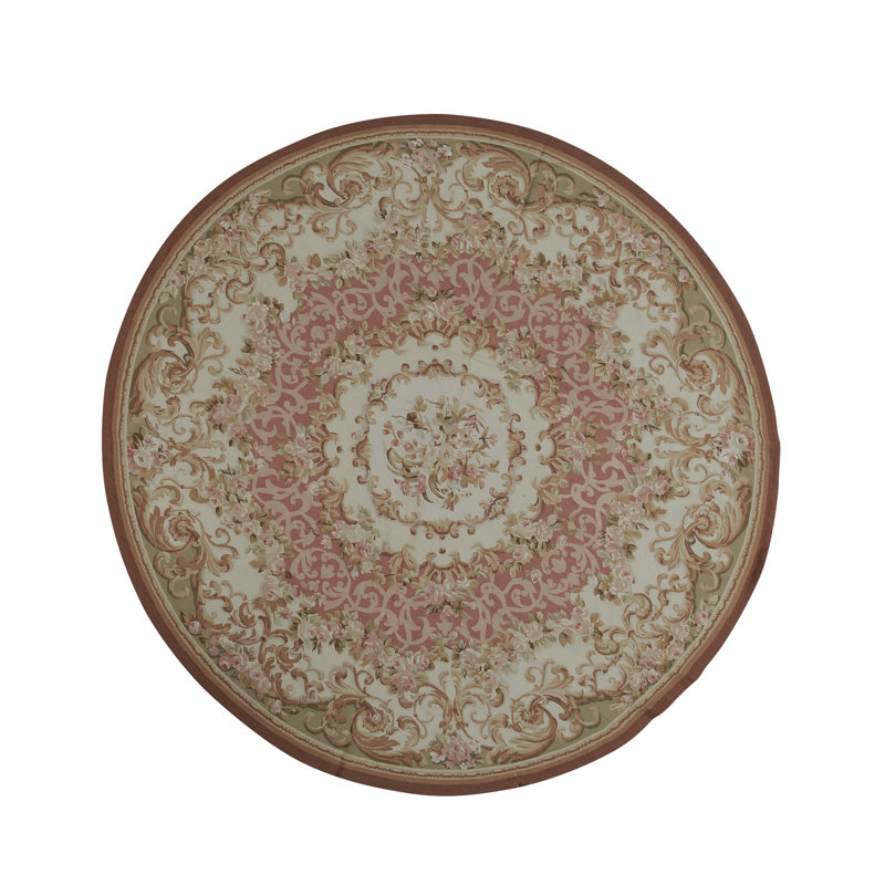 Hand-Knotted High-Quality Rose and Ivory Round Area Rug