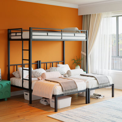 Lit superposé simple au dessus d'un lit simple, lit simple en métal avec garde-corps et échelle convertible, 3 lits convertibles, pour dortoir, chambre d'amis, aucun sommier requis, noir