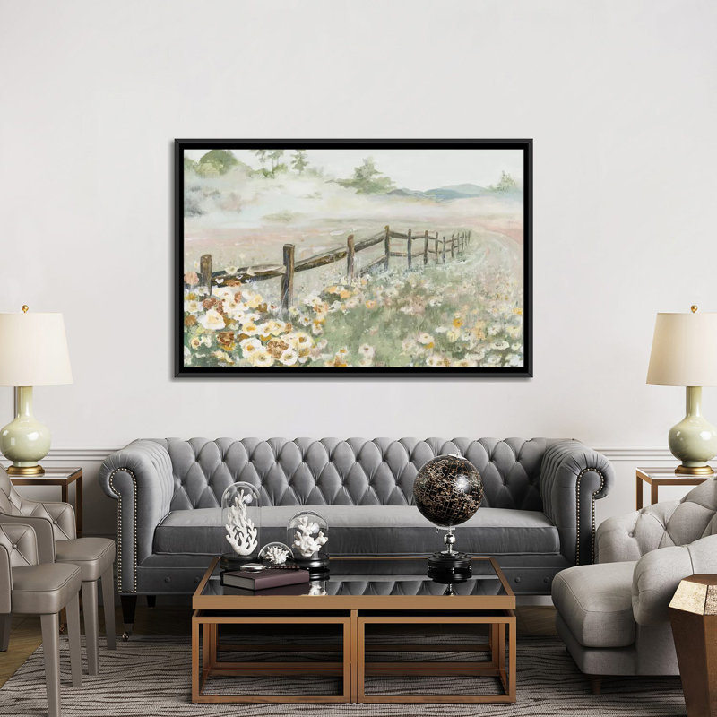 « Clôture avec fleurs » par Patricia Pinto, reproduction d’art, H 60 po x l 40po x P 1,5 po, Toile avec cadre noir
