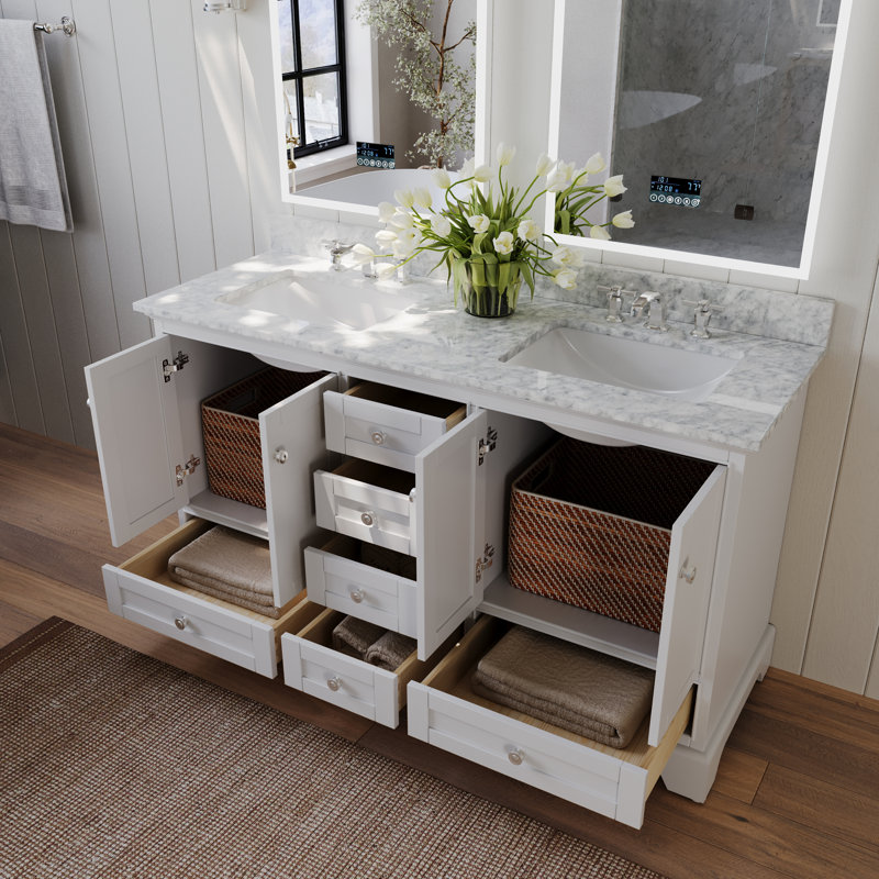 Ensemble de meuble-lavabo double 60 po Varna, Blanc / nickel brossé, Marbre blanc de Carrare