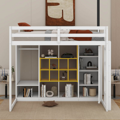 Lit mezzanine en bois avec garde-robe, tablettes et armoire