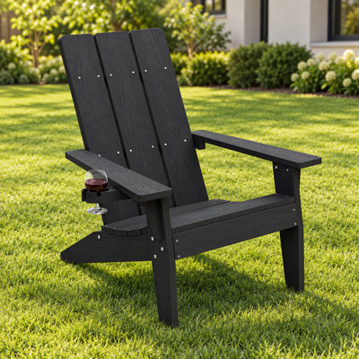 Harlean Oversized All-Weather Outdoor Adirondack Chair with Retractable Cup Holder Modern Patio Chair Plastic/Resin Fire Pit Chair for Patio, Backyard, Deck, Garden, Poolside, 450LB Weight Capacity（Black）