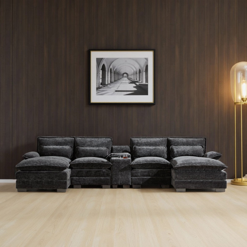 Canapé modulaire en U 5 pièces rembourré, Chenille noir