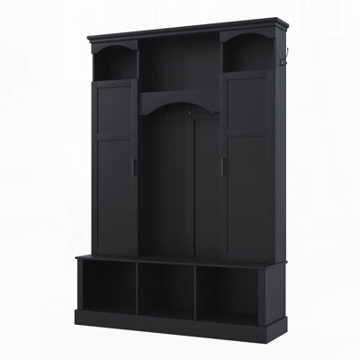 Modern All-In-One Hall Tree With Adjustable Shelves, Classic Arched Farmhouse Storage Bench With Dual Side Cabinets, Elegant Entryway Organizer With 7 Hooks For Hallway