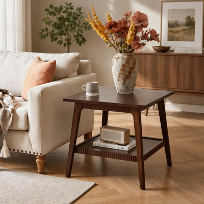 Table de bout en bois massif avec rangement double couche pour le salon et la chambre à coucher