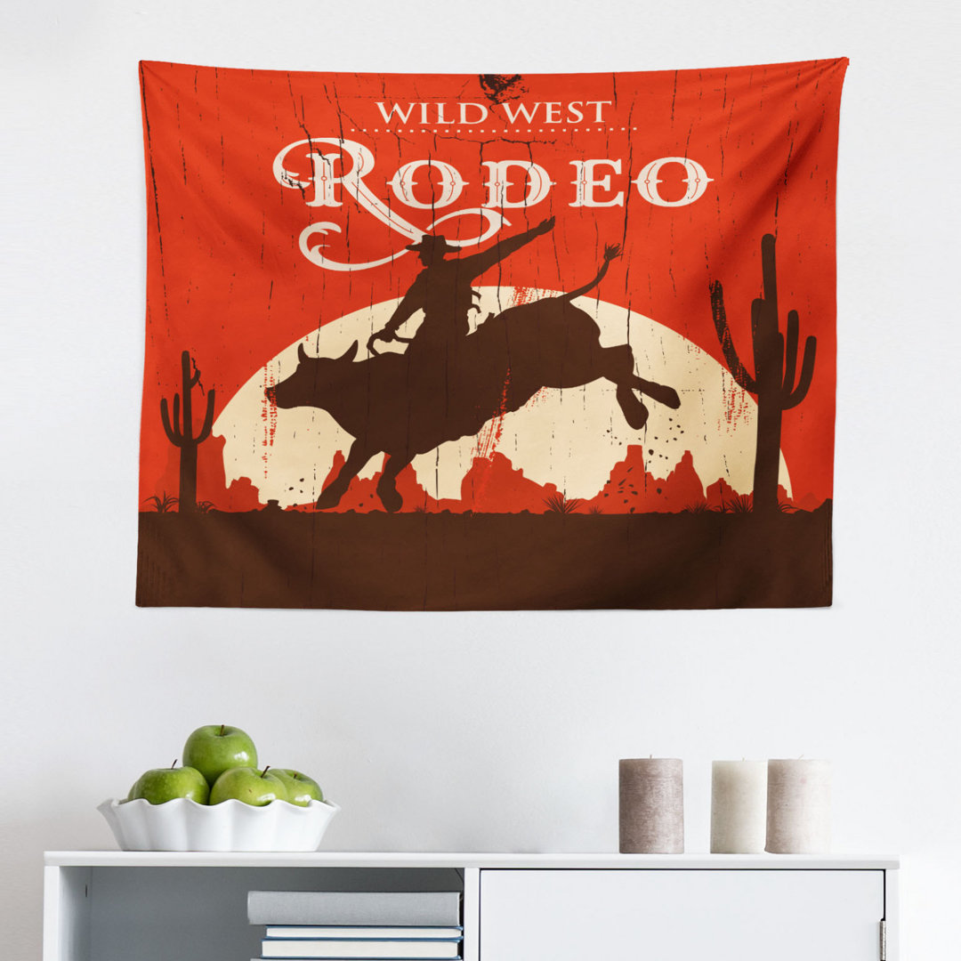 Wandbehang Rodeo Cowboy Reiten Stier hölzerne alte Zeichen Western-Stil Wildnis bei Sonnenuntergang